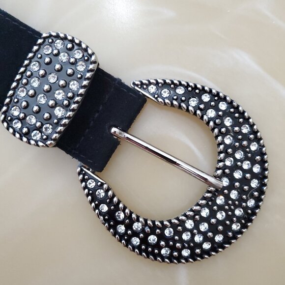 Genuine Italian Leather Belt Bling Buckle Rhinestones Silver Tone Hardware - Picture 11 of 15